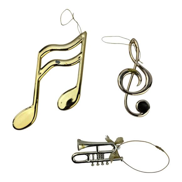 Gold Musical Theme Christmas Tree Ornaments Set Of 3 Notes Treble Clef Trumpet - Picture 6 of 9